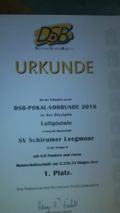 Urkunde Vorrunde DSB-Pokal